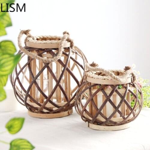 Lantern Candlestick Retro Rope Natural Wickerwork Hand-woven Tea Light Handmade Wood Glass Geometric Dining Table Home Decor