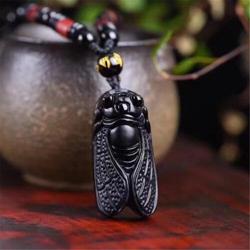 Natural Black Obsidian Cicada Pendant Beads Necklace Fashion Charm Jewellery Hand-Carved Lucky Amulet Gifts for Her Women Men