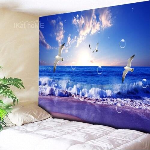 Sun Sea Tapestry Ocean Beach Wall Hanging Waves Flying Birds Beach Decoration Art Psychedelic Tapestry Blue Forest Elk Painting