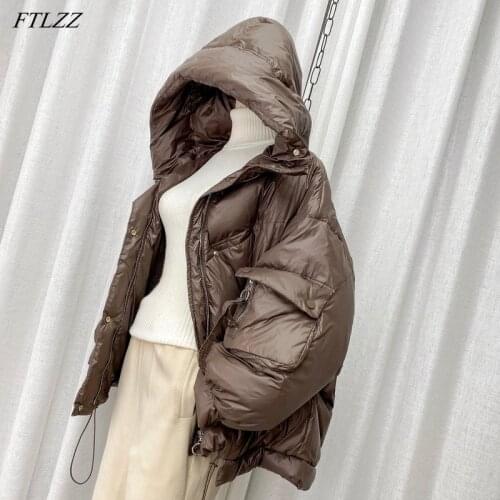 FTLZZ Winter Hooded Down Jacket Women Irregular Casual Loose Snow Parke 90% White Duck Down Short Coat Female Warm Outwear
