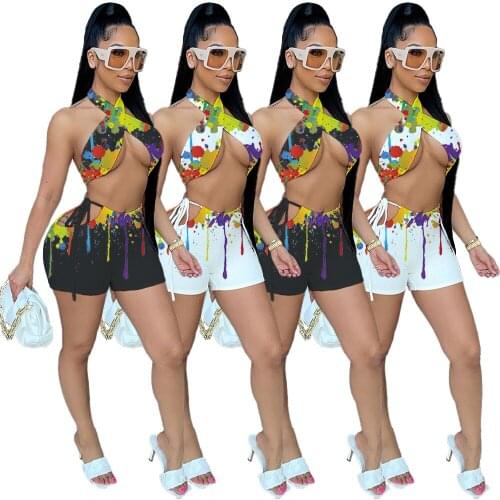 Sexy Strap Top 2 Pieces Shorts Sets Women Backless Halter Crop Top and Biker Shorts Night Party Clubwear for Summer 2021 Clothes