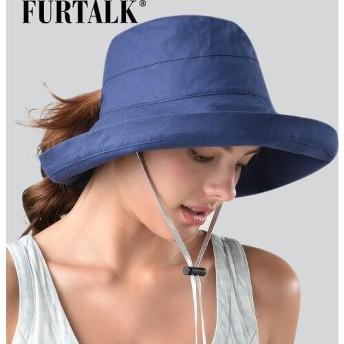 FURTALK Ponytail Summer Hats for Women Cotton Linen Sun Hat Female Bucket Hat Outdoor Hunting Fishing Hiking Cap for Girls