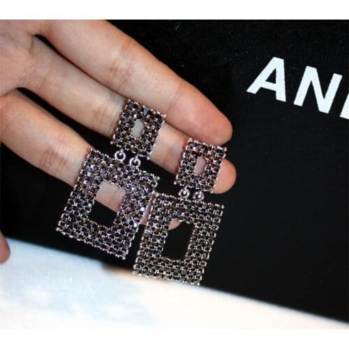 South Korea fashion retro geometric crystal pendant oblong black earrings jewelry fashionable nightclub