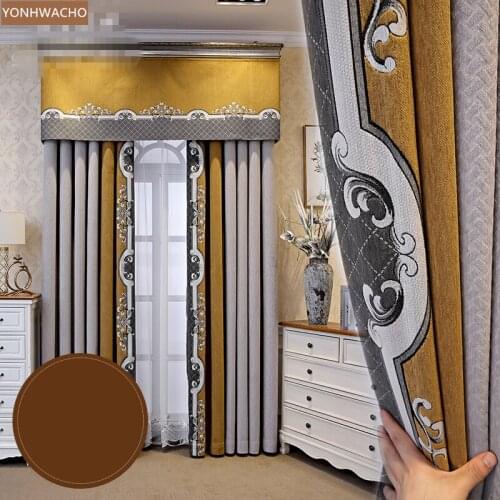 Custom curtain seamless stitching chenille simple modern European thick grey cloth blackout curtain valance tulle panel C495