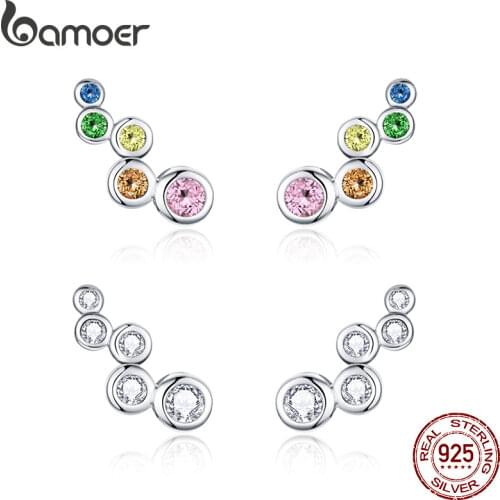 BAMOER Rainbow Shiny Bubble Long Stud Earrings for Women Geometric Simple 925 Sterling Silver Jewelry Statement Engagement Gift