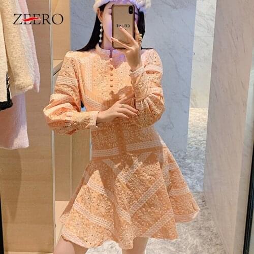Women Printed Embroidery Lantern Long Sleeve Pleated Mini Dress Spring Autumn Female Casual Vintage Slim Pink Dresses Vestidos