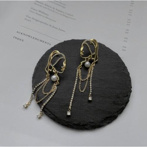 Pearl Crystal Portrait Chain Tassel Earrings Vintage French Personality Exaggerated Earrings Women Jewelry Accessories