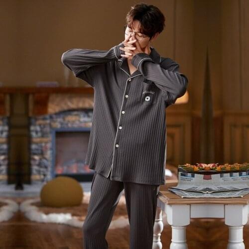 Winter Long Sleeve Thick Warm Cotton Pajamas Sets for Men Simple Gray Turn-down Collar Homewear Man Funny Bears Pocket Sleepwear