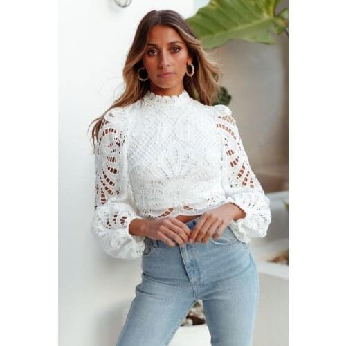 New Womens Fashion Long Sleeve Lace Tops Casual Crochet Hollow Out Turtleneck Cropped Blouse Shirts Female Elegant Pullovers