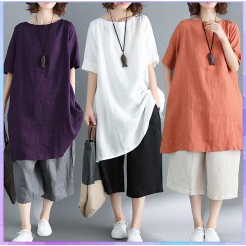 Summer Long T shirt Womens Solid Tee Shirt Cotton And Linen Tshirt Loose Large Size Sport Top Half Sleeve Tops Female Clothing