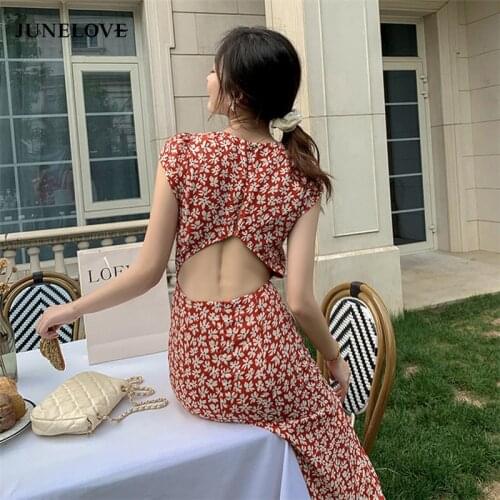 JuneLove Women Summer Sexy Backless Midi Dress Vintage Print Floral Split Boho Dress Casual Holiday Lady Beach Party Vestidos