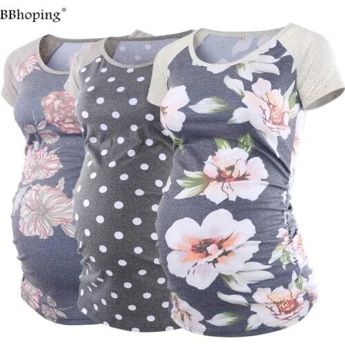 Pack of 3pcs Womens Baseball Crew Neck Raglan Sleeve Classic Maternity Side Ruched Maternity T Shirt Top Floral Pregnancy Shirt