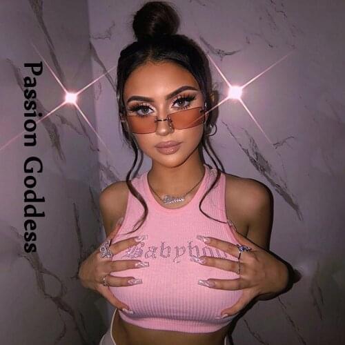 Sexy Cute Women Rhinestone Pink Cropped Tops Joggers Slim Tank Vest Bustier Femme Hot Drilling Babe Bad Letter Glitter Crop Top
