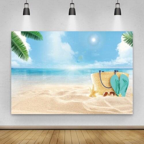 Laeacco Cloudy Sky Summer Sea Beach Tropical Leaves Starfish Bag Flip Flops Baby Portrait Photography Backdrops Photo Background