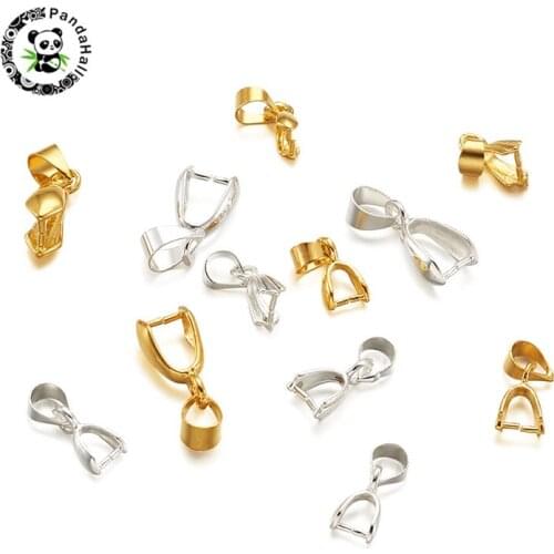 Pandahall 300pcs/Set Brass Ice Pick & Pinch Bails for Jewelry Findings DIY Necklace Making Accessories Silver Color