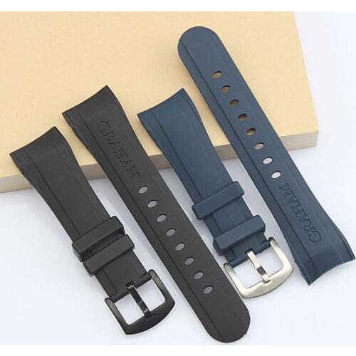 24mm Waterproof Silicone Rubber Watchband For Graham Watch Strap Curved End Wrist Bracelet For Men And Women Black Blue Tape