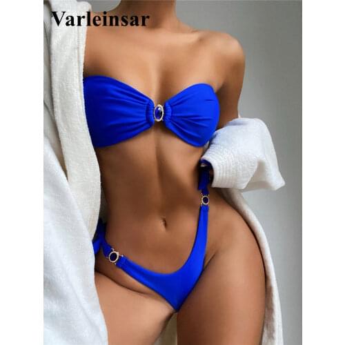 Sexy Shiny Jewelry Bows Shape Bandeau Bikini Female Swimsuit Women Swimwear Two-pieces Bikini set Bather Bathing Suit Swim V3013