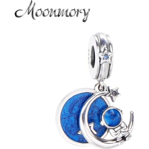 Moonmory 100% 925 Sterling Silver Moon Astronaut DIY Charm Blue Starry Sky Fit Brand Bracelets Original Jewelry Christmas Gift