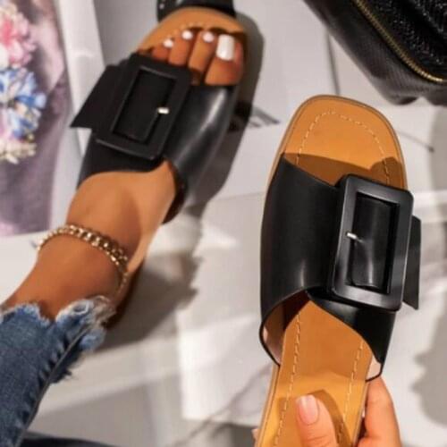 Summer New Women Flat Slide Open Toe Outdoor Slippers Solid Color Plus Size Fashion Buckle Woman Shoes Square Toe Pink Flip Flop