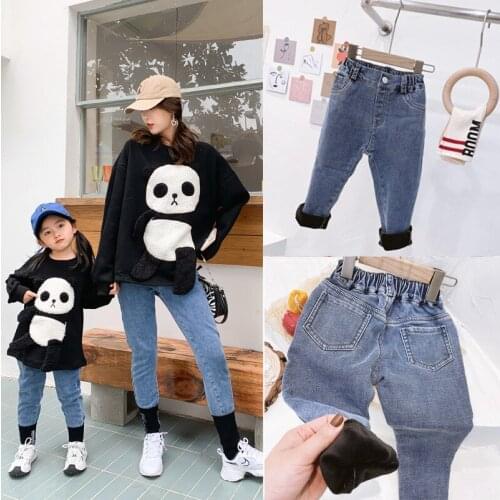 Mother and Daughters Pants Autumn Sprng Korean Solid Plus Velvet Slim Denim Pants for Mom and Me Family Matching Outfits Pants