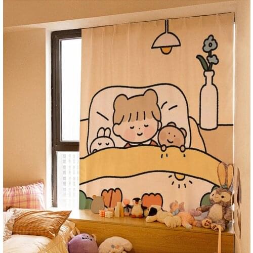 Velcro Window Curtains Cartoon Printed Curtains Soft Blackout Window Curtain Self-adhesive Drapes Living Room Kitchen Decor