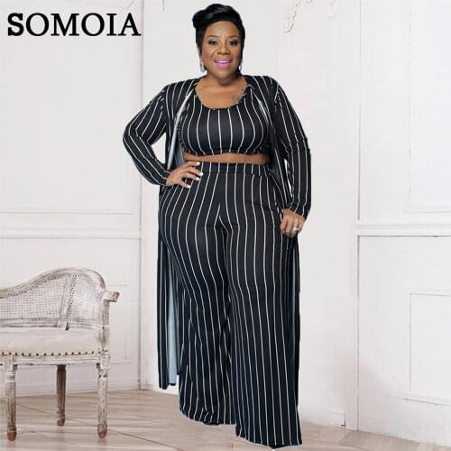 Plus Size Sets Temperament Striped 3 Piece Set Women Clothing Cardigan Vest and Wide Leg Pants Home Wear Loungewear Wholesale