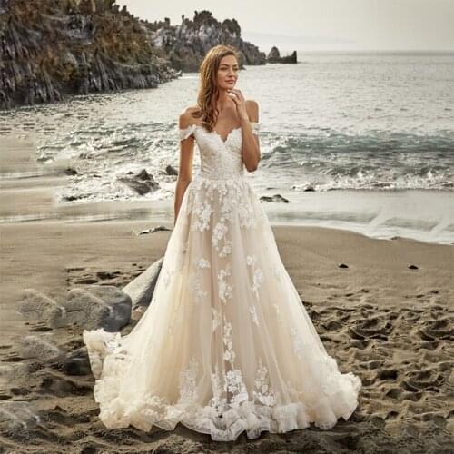 Chic Vestido Novia Boho Wedding Dress Vintage Lace Princess Bridal Dress Off Shoulder Sweetheart Beach Wedding Gowns 2021