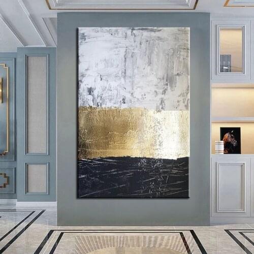100% Hand Painted Oil Painting Wall Art Canvas Modern Simple Black Grey Gold Abstract Decor Living Room Large Size Unframed