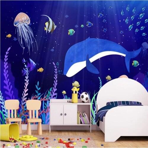 Customized 3D Wallpaper Mural Nordic Cartoon Underwater Animals Whale Childrens Room Background Wall Decoration Painting