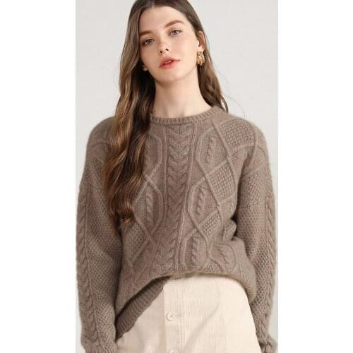 8 ply winter thick 100% cashmere sweater woman large size fashion ladies warm pullovers cable knitted long sleeve crew neck tops