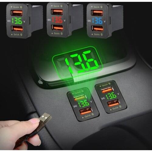 Dual Ports USB Car Charger QC3.0 12V-24V Automatic Adapter Mini LED Voltmeter Socket Quick Charge Compatible with-Toyota
