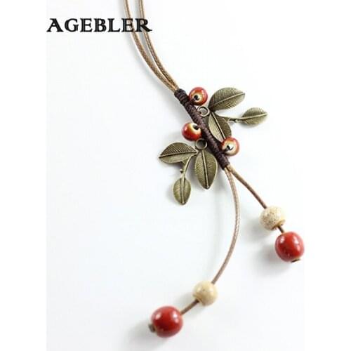 Bohemia Vintage Ceramic Fashion Tassel Necklace for Women Antique Copper Leaves Accessories Jewelry Long Necklace Pendant