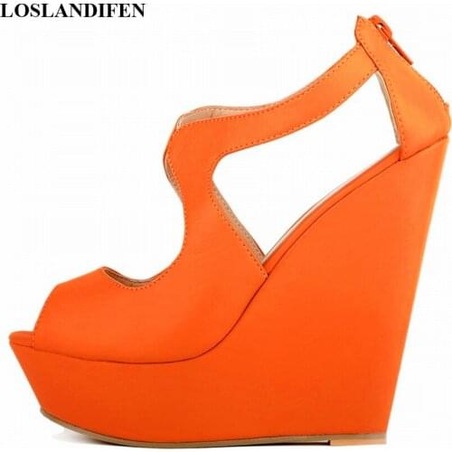 Summer Back Zip Womens Peep Toe Soft Leather Wedges Sandals Sexy Cut-Outs High Heels Shoes Platform Fashion Dress Sandals Women