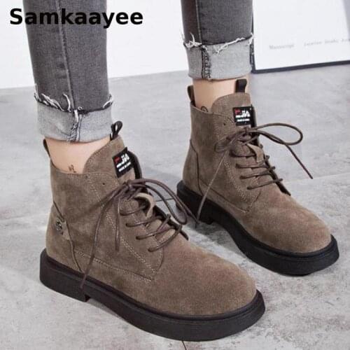 Size 35-39 Womens Boots Spring Autumn Female Martin Botas Lace-Up Ankle Shoes Flock Round Toe Mujer Motorcycle Solid Booties y30