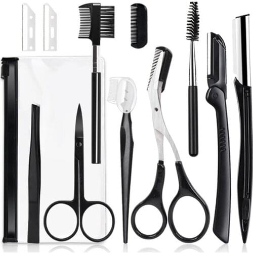 Black Eyebrow Trimming Scissors Stainless Steel Tweezers Eyebrow Scraping Eyebrow Comb Razor Eyebrow Clip Makeup Tools Sets