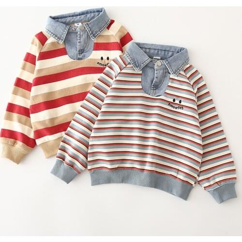 Kids Clothing Spring Autumn New Baby Boy Hoodies Korean Striped Lapel Kids Sweatshirts Fashion Casual Boys Denim Collar Pullover