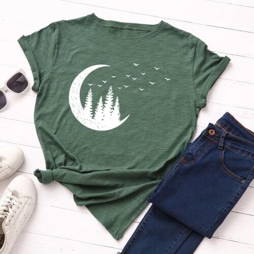 Graphic T Shirts for Women Cotton Short Sleeve Tee Female Shirt Tops Summer Casual Print Clothes Gifts Moon Plants Trees Birds