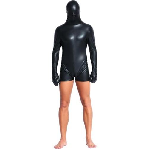 Hot Sell Mens Sexy Lingerie Black Cover Up The Head Jumpsuit Mens Patent Leather Underwear Night Club Costume Sexy Gamewear