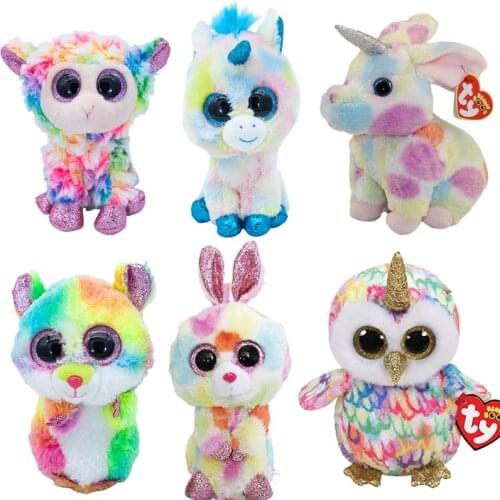 New 15CM Ty Big Eye Beanie Plush Animal Doll Stuffed Toys Color Rabbit Unicorn Cat Series Soft Animal Toy Children Gift
