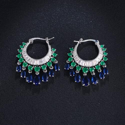 JANKELLY Luxury Green Blue Cubic Zirconia Waterdrop Indian style Shape Tassel hoop Earrings For Women Girls