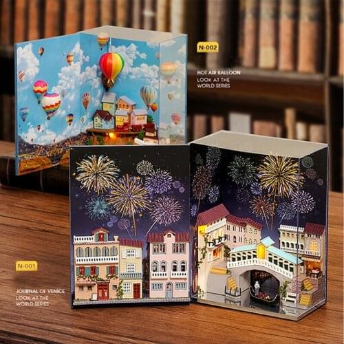 Cute Room DIY House Handwork Hut "Water City Log" & "Hot Air Balloon" Standing Series Mini Book World Handicraft Educational Toy
