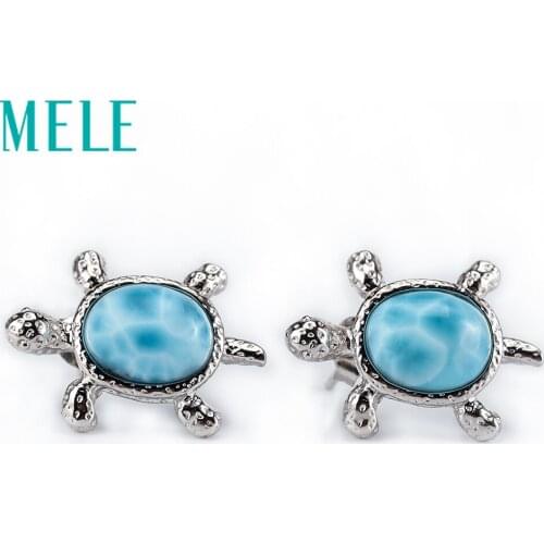 Tortoise shape cute natural larimar earrings deep blue with silver 925,classic style jewelry for women and girls