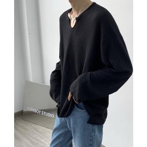 2021 Elastic Mens T-Shirt V-Neck Long Sleeve Men T Shirt Male High Street French Thin T-Shirts Man Clothing TShirt Loose Tees