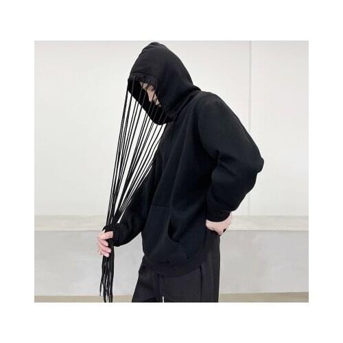 Large spring-style small crowd wearing rope ribbon design loose hoodie jacket fashion mens abstinence-wearing hoodie jacket