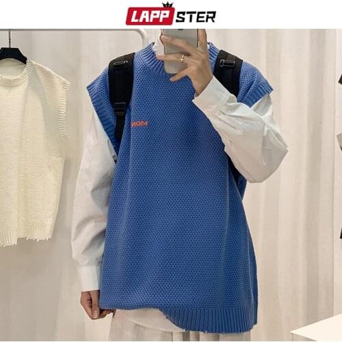 LAPPSTER Men Harajuku Knitted Oversized Sweater 2021 Mens Korean Style Vintage Knit Vest Male Designer Fashion Streetwear Vests