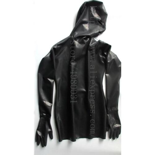 Novelty latex short dress with finger gloves and latex hoods Fetish(open eyes,mouth and nostrils) with back zip in black color