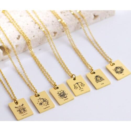 12 Constellation Pendant Necklace For Men Jewelry Gold Color Stainless Steel Cuban Link Chain Sign Of Zodiac Necklace Party Gift
