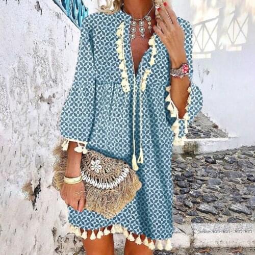 Bohemian Woman Summer Dress Paisley Print 3/4 Sleeve Knee-Length Dress for Women Tasselss Hem Loose V-Neck Midi Dress Beach Robe