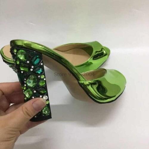 Crystal Beading Flower High Heel Sandal Woman Mirror Green Rhinestone Chunky Heel Open Toe Outwear Shoes Summer Slippers