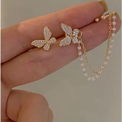 Korean Elegant Cute Rhinestone Butterfly Tassel Stud Earrings For Women Girls Fashion Metal Chain Boucle D'oreille Jewelry